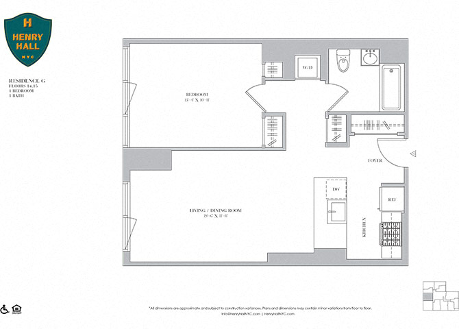 Floor plan for 1 bed, 1 bath, 691 sqft