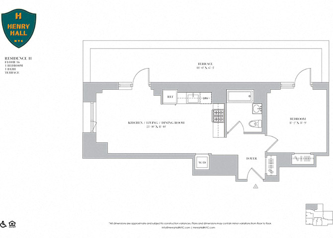 Floor plan for 1 bed, 1 bath, 657 sqft