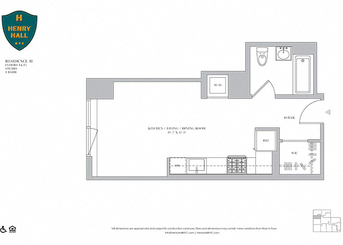 Floor plan for studio, 1 bath, 422 sqft