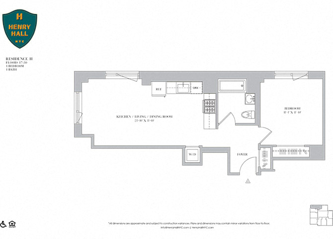 Floor plan for 1 bed, 1 bath, 658 sqft