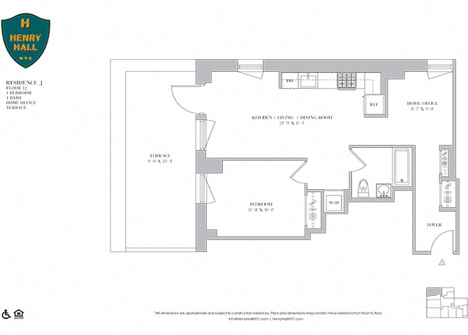 Floor plan for 1 bed, 1 bath, 769 sqft