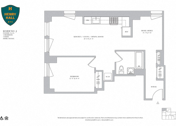 Floor plan for 1 bed, 1 bath, 769 sqft