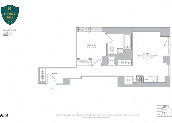 Floor plan for 1 bed, 1 bath, 615 sqft
