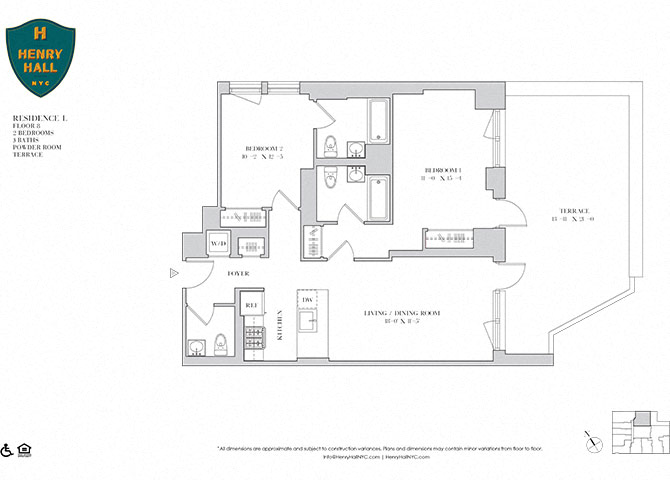 Floor plan for 2 beds, 2.5 baths, 1032 sqft