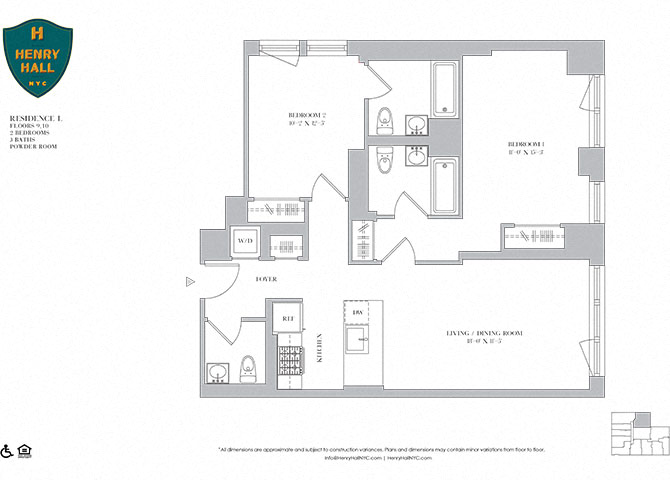 Floor plan for 2 beds, 2.5 baths, 1032 sqft