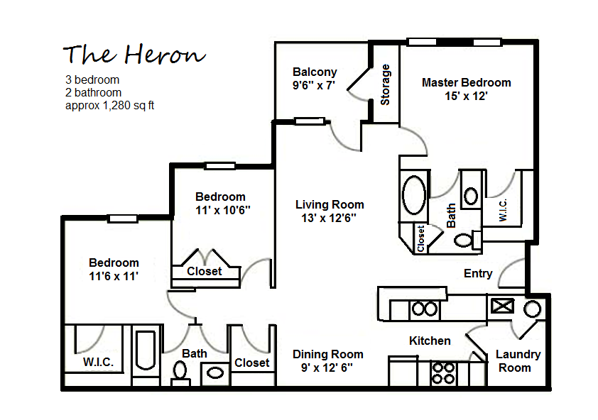 Floor plan for 3 beds, 2 baths, 1280 sqft