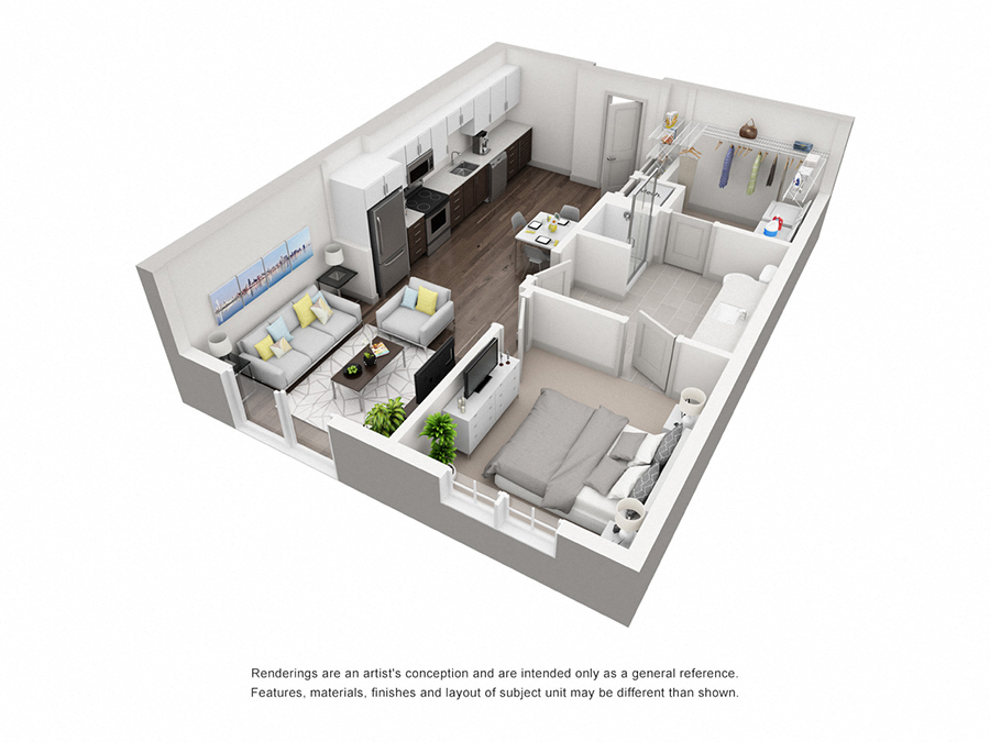 Floor plan for 1 bed, 1 bath, 661 sqft