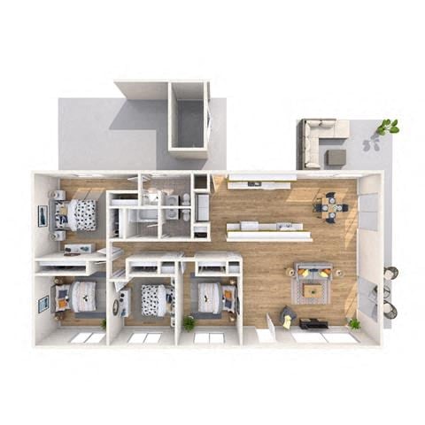 Floor plan for 4 beds, 2 baths, 1340 sqft