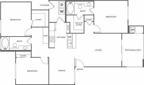 Floor plan for 3 beds, 2 baths, 1271 sqft