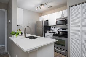 Orlando apartment for rent - A modern kitchen with a white countertop and stainless steel appliances.
