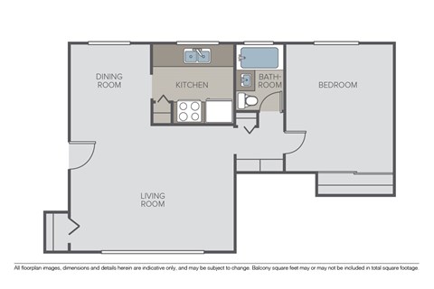 Floor plan for 1 bed, 1 bath, 652 sqft