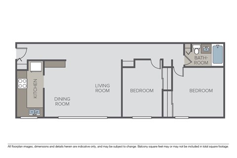 Floor plan for 2 beds, 1 bath, 860 sqft