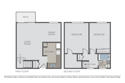Floor plan for 2 beds, 1 bath, 955 sqft