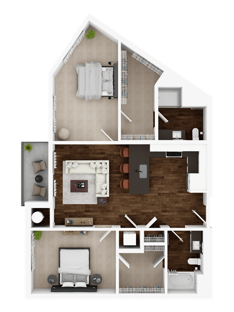 Floor plan for 2 beds, 2 baths, 1104 sqft