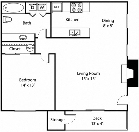 Floor plan for 1 bed, 1 bath, 700 sqft