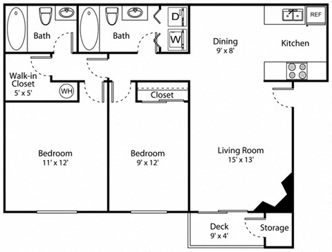 Floor plan for 2 beds, 2 baths, 875 sqft