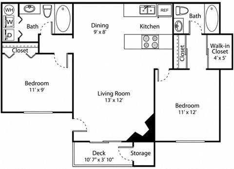Floor plan for 2 beds, 2 baths, 900 sqft
