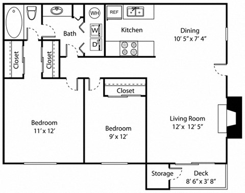 Floor plan for 2 beds, 1 bath, 850 sqft