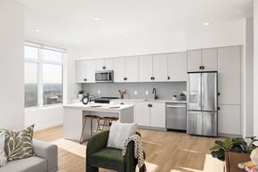 Denver apartment for rent - A modern kitchen with a green chair and a grey couch.