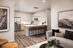 Parker apartment for rent - A modern kitchen with a bar area and a couch with pillows.