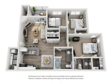 Floor plan for 3 beds, 2 baths, 1250 sqft