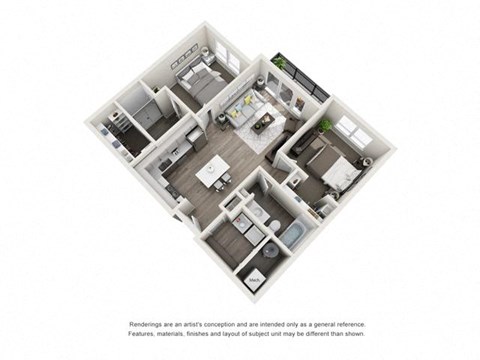 Floor plan for 2 beds, 2 baths, 932 sqft