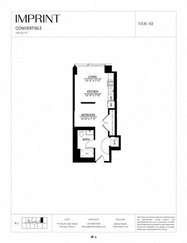 Floor plan for studio, 1 bath, 535 sqft
