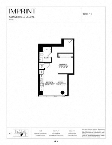Floor plan for studio, 1 bath, 631 sqft