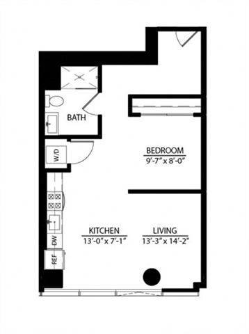 Floor plan for studio, 1 bath, 679 sqft