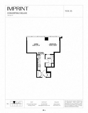 Floor plan for studio, 1 bath, 702 sqft
