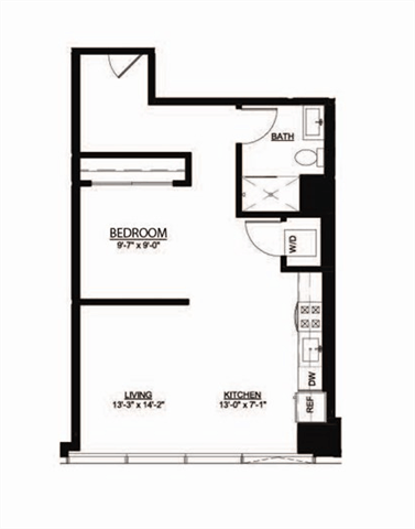 Floor plan for studio, 1 bath, 694 sqft