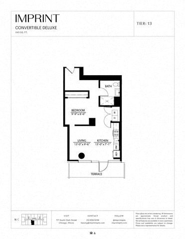 Floor plan for studio, 1 bath, 643 sqft