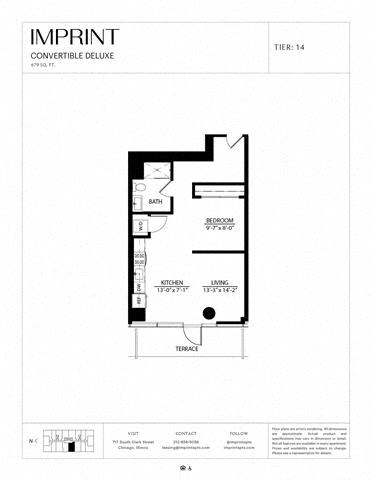 Floor plan for studio, 1 bath, 679 sqft