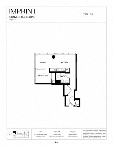 Floor plan for 1 bed, 1 bath, 680 sqft