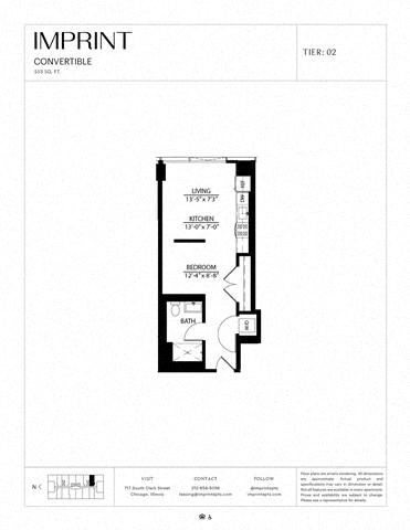 Floor plan for studio, 1 bath, 553 sqft