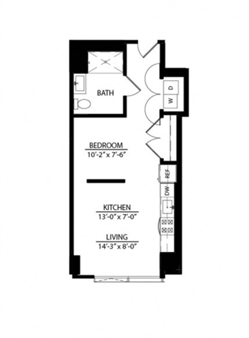 Floor plan for studio, 1 bath, 553 sqft