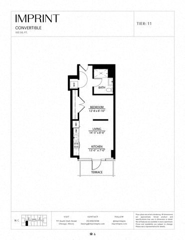 Floor plan for studio, 1 bath, 552 sqft