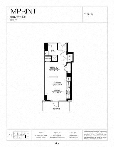Floor plan for studio, 1 bath, 553 sqft
