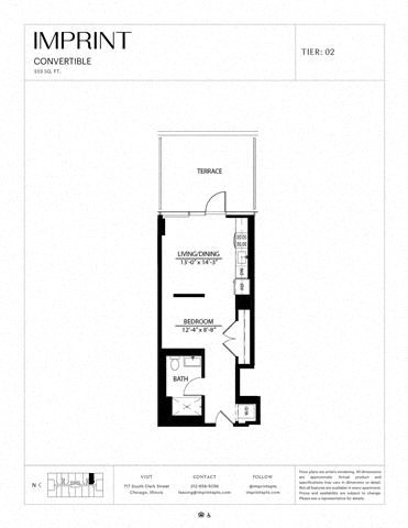 Floor plan for studio, 1 bath, 553 sqft