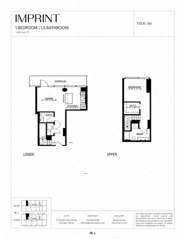 Floor plan for 1 bed, 1.5 baths, 1055 sqft