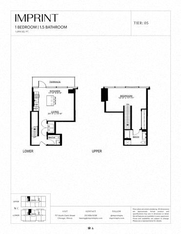 Floor plan for 1 bed, 1.5 baths, 1094 sqft