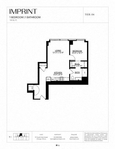 Floor plan for 1 bed, 1 bath, 749 sqft