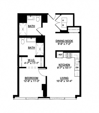 Floor plan for 1 bed, 2 baths, 892 sqft