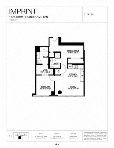 Floor plan for 1 bed, 2 baths, 900 sqft