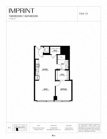 Floor plan for 1 bed, 1 bath, 771 sqft