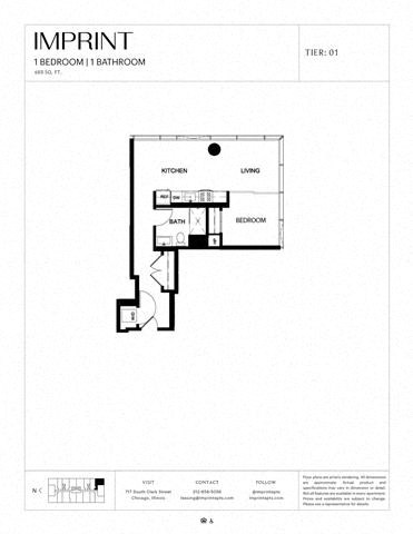 Floor plan for 1 bed, 1 bath, 683 sqft