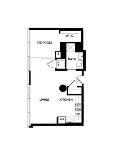 Floor plan for 1 bed, 1 bath, 671 sqft