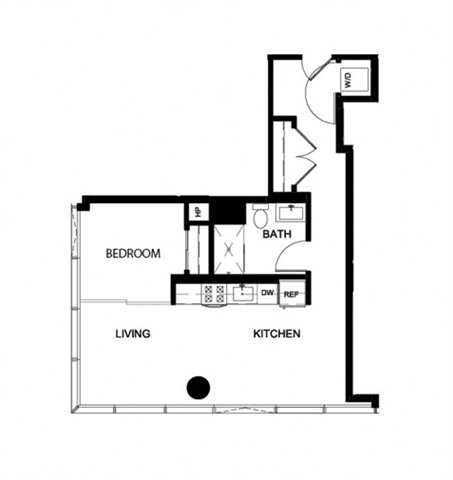 Floor plan for 1 bed, 1 bath, 696 sqft