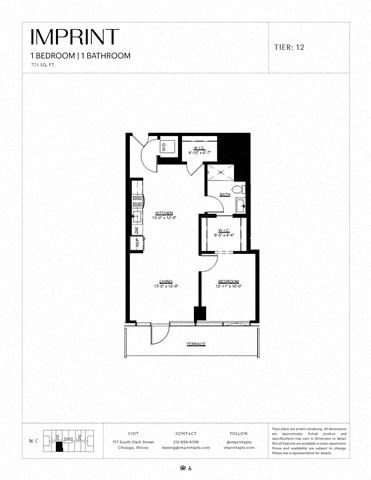 Floor plan for 1 bed, 1 bath, 771 sqft