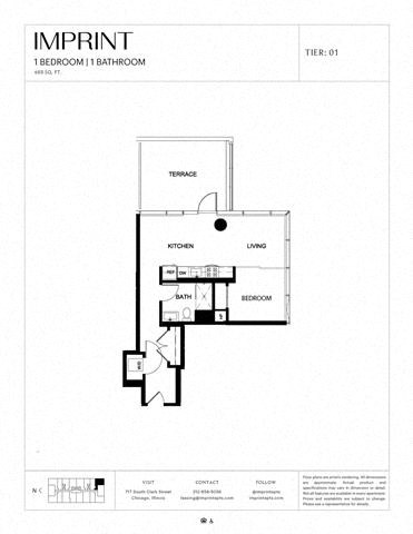Floor plan for 1 bed, 1 bath, 683 sqft